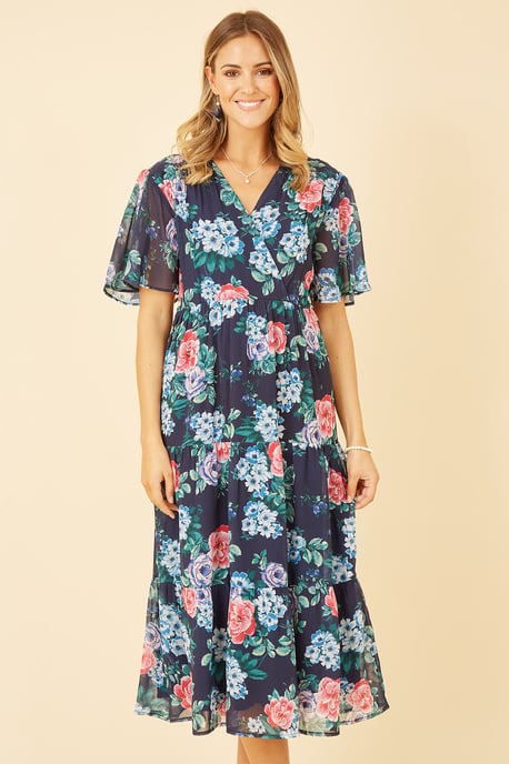 Navy Floral Wrap Midi Dress With Tiered Hem