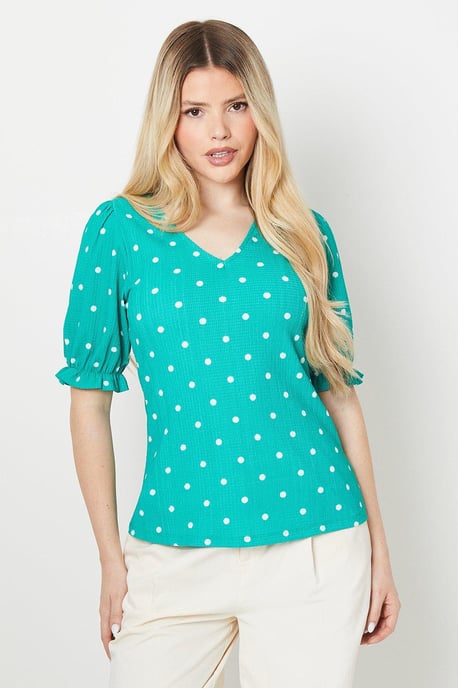 Spot V Neck Shirred Cuff Short Sleeve Top