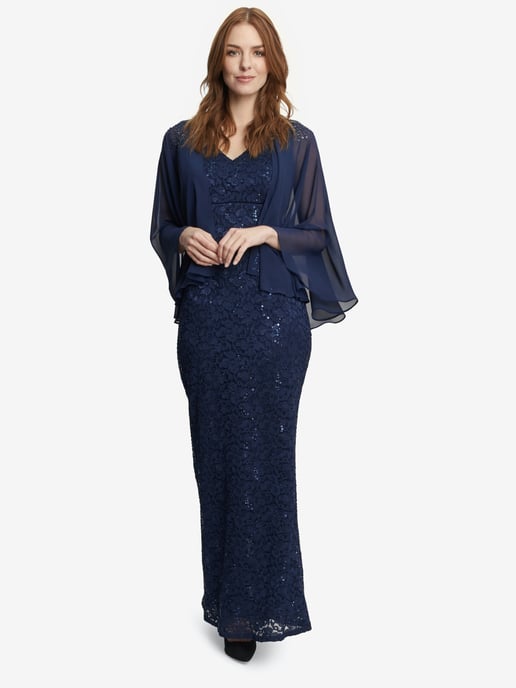 Jayden Long Fit And Flare V-Neck Dress With Illusion Capelet