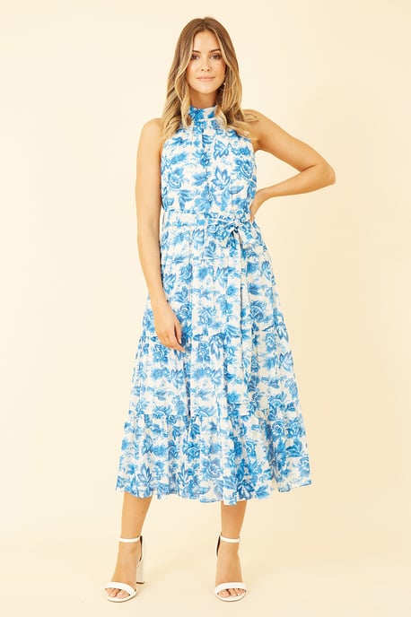 Blue Leaf Print Halter Neck Midi Dress