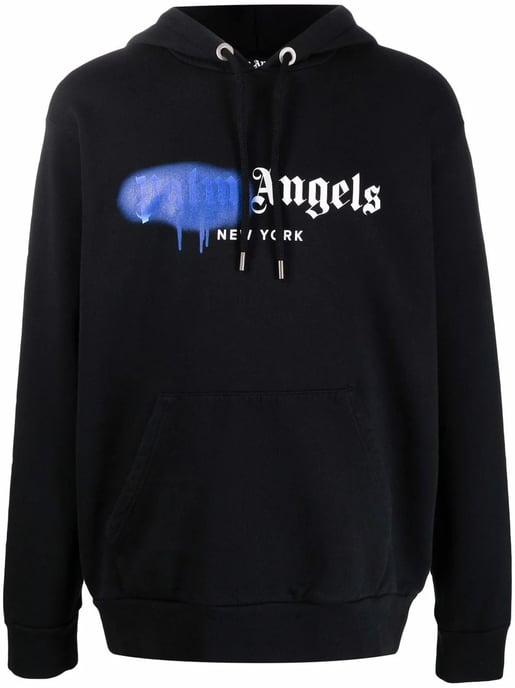 Palm Angels New York Blue Sprayed Logo-print Hoodie Black - Image 1