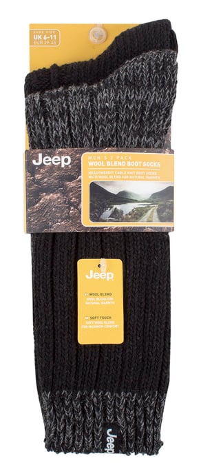 Mens Wool Hiking Socks | Jeep | Heavyweight Ribbed Cable Knit Wool Blend Boot Socks | Breathable Outdoor Socks - Black / Charcoal - Image 2