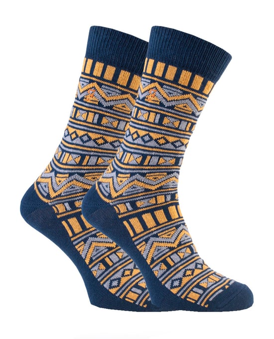 Farah - 2 Pairs Mens Funky Vintage Patterned Colourful Thick Cotton Crew Socks - FVS008NVY - Image 1