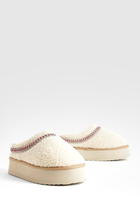Borg Embroidered Platform Cosy Mules