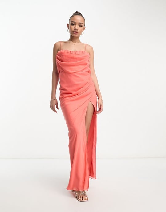 ASOS DESIGN corset maxi dress with soft cowl front in coral-Orange