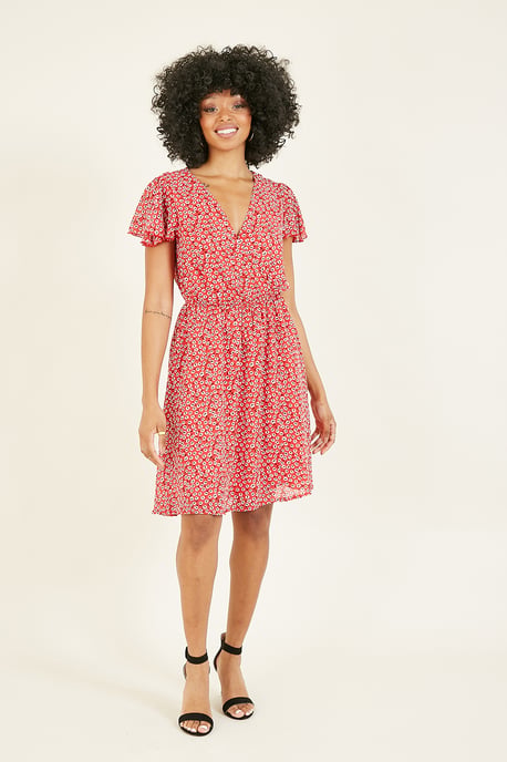 Mela Red Ditsy Floral Wrap Over Dress