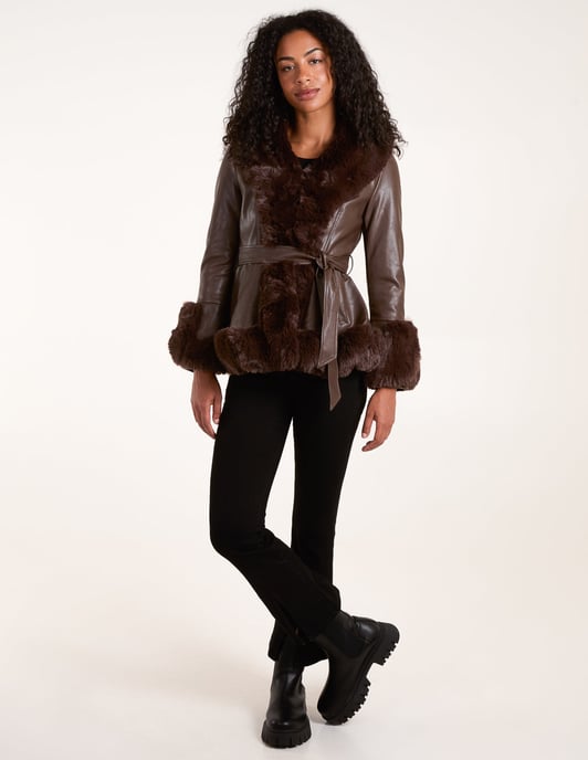 Faux Fur PU Coat With Belt