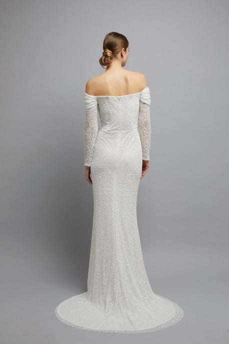 Draped Bardot Sequin Long Sleeve Maxi Dress