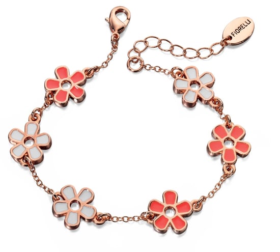 FiorellI Fashion Rose Gold Plated Coral & White Enamel Flower Station Bracelet 19cm + 3cm