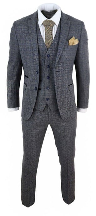 Mens 3 Piece Navy Blue Tweed Check Vintage Retro Suit - Image 4