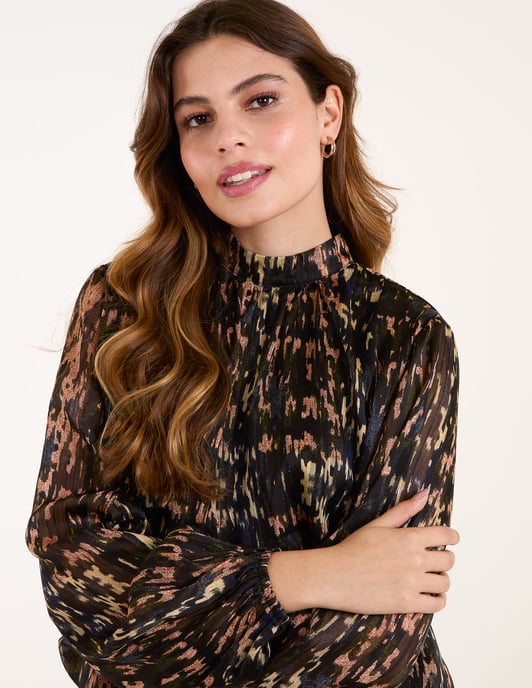 High Neck Abstract Cuff Sleeve Blouse