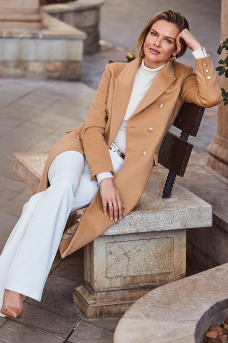 Camel Double Breasted Longline Coat With Gold Button Detail