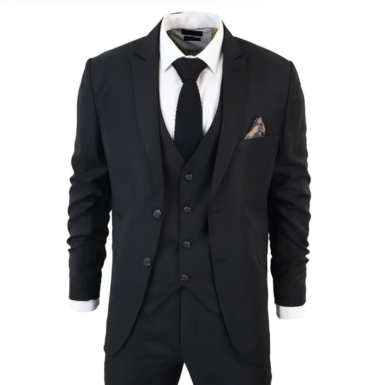 Mens IM1 Classic Plain Black 3 Piece Suit - Image 2