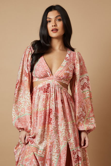 Printed Long Sleeve Cut Out Side Detail Maxi Dress
