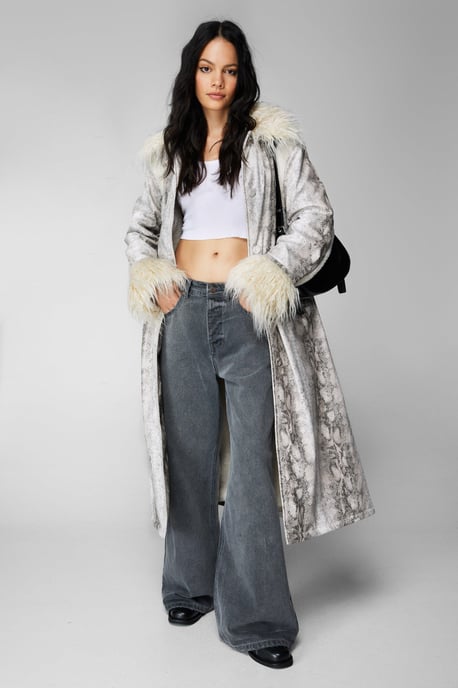Snake Print Shearling Trim Longline Aviator Coat