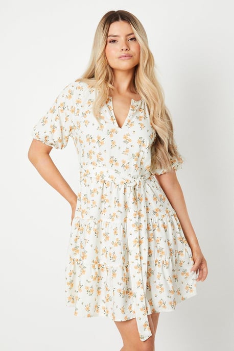 Ivory Ditsy Puff Sleeve Tiered Mini Dress