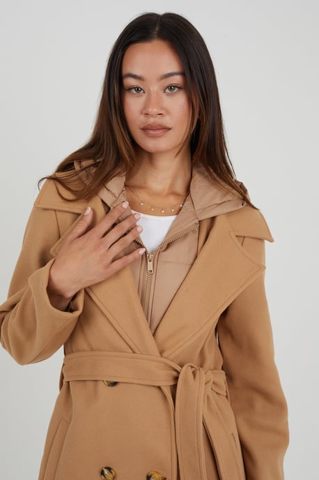Camel Faux Wool Maxi Hooded Trench Coat