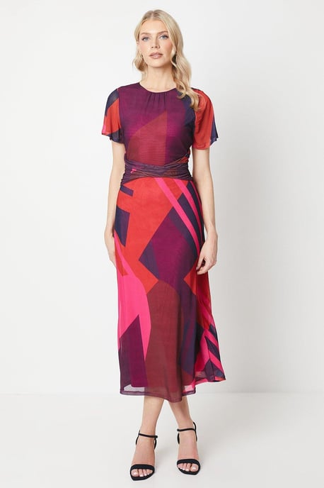 Pink Geo Twist Front Mesh Midi Dress