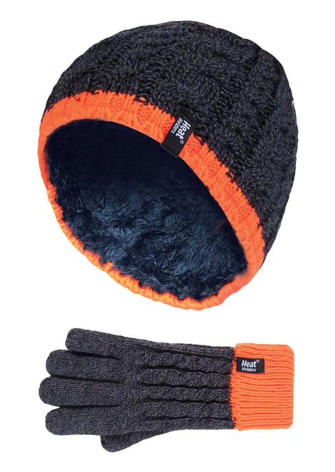 Heat Holders - Boys Kids Cable Knit Warm Fleece Lined Thermal Winter Hat and Gloves Set - CO1P7 - Image 1