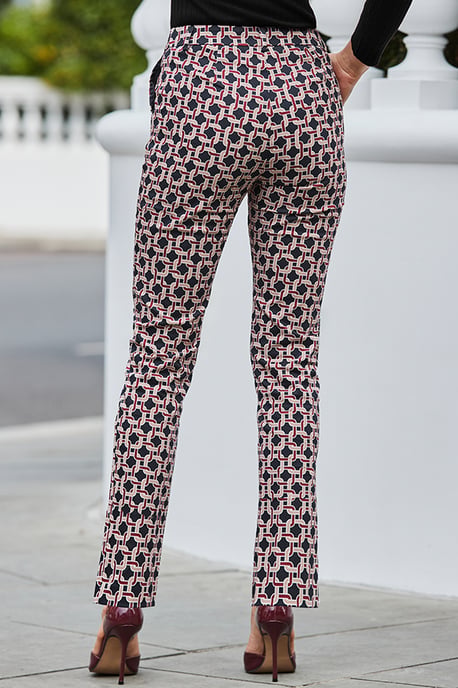 Burgundy Geometric Print Tapered Leg Trousers