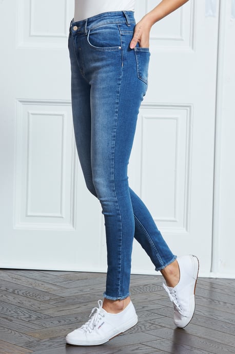 Mid Blue Raw Hem Perfect Skinny Jeans