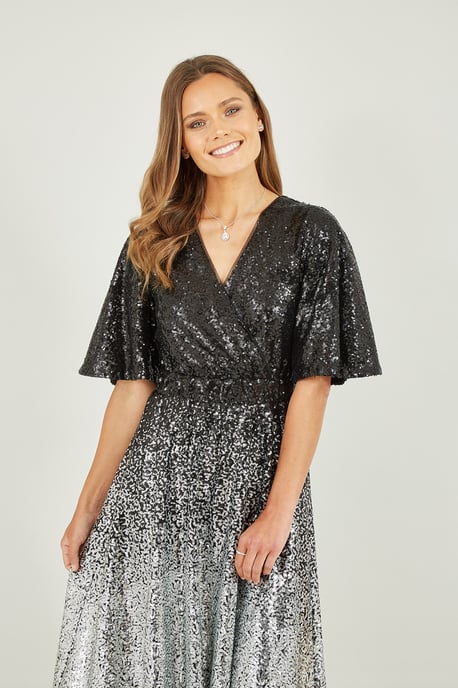 Black And Silver Ombre Sequin Midi Wrap Dress