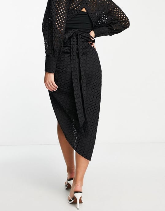 ASOS EDITION broderie drape midi skirt in black