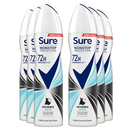 Sure Women Anti-Perspirant 72H Nonstop Protection Deo Invisible Aqua 150ml, 6pk