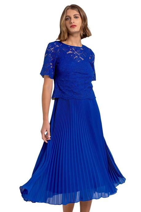 Lace Top Overlay Pleated Midi Dress