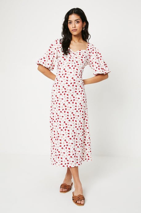 Petite Ditsy Ruched Front Puff Sleeve Midi Dress - Image 4