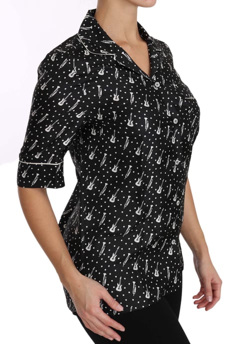 Dolce & Gabbana Women's Black Guitar & Trumpet Print Silk Shirt Top - Image 6