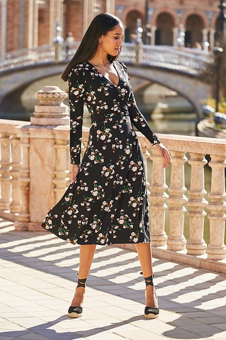 Black Floral Print Ruched Front Midi Dress