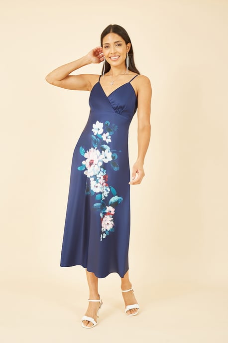 Navy Satin Slip Dress With Floral Design