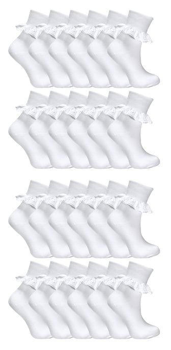 24 Pairs Multipack Girls Lace Socks | Fancy Cotton Cute White Frilly Socks | Ideal for School Uniform - White - Image 1