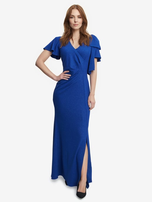 Metallic Maxi Dress With V-Neck And Bow At Sleeve