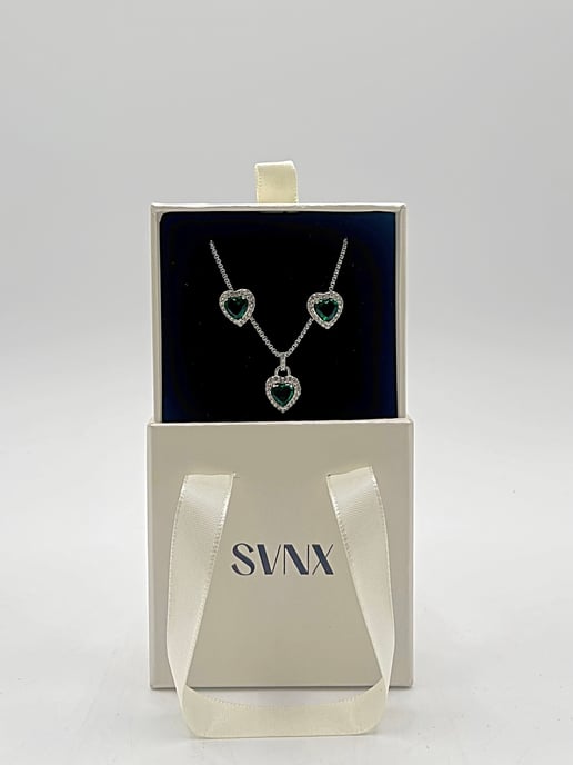 Green Diamante Heart Necklace and Earrings Set in Silver