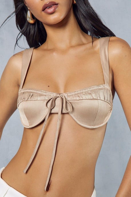 Satin Ruched Tie Front Bralet Top