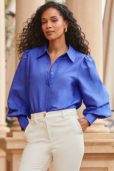 Purple Linen Blend Blouson Sleeve Shirt