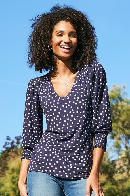 Navy Blue & White Spot Print Shirred Cuff V Neck Top