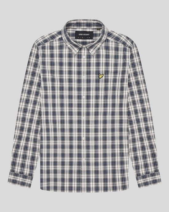 Mens Washed Check Poplin Shirt in Beige - Image 5