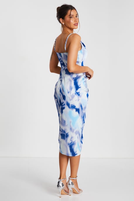 multi marble print satin ruched skirt corset detail midi dress Blue Fozruso Girls' Casual Dress craft project The straight neckline provides Size:UK 11