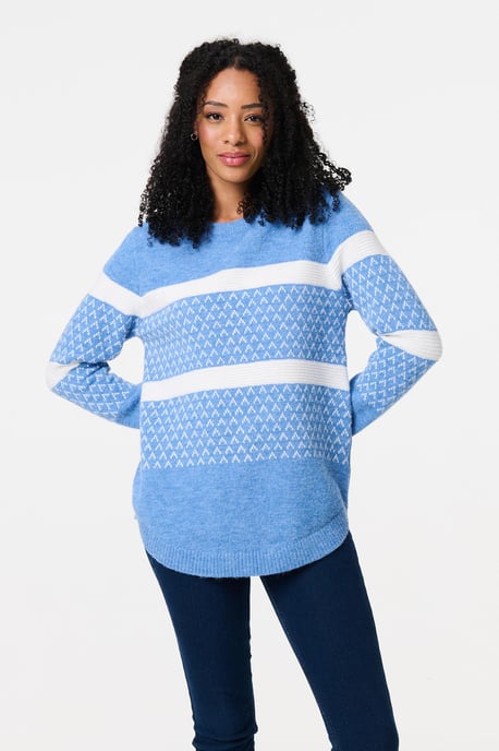 Blue Stripe Print Relaxed Curve Hem Jumper