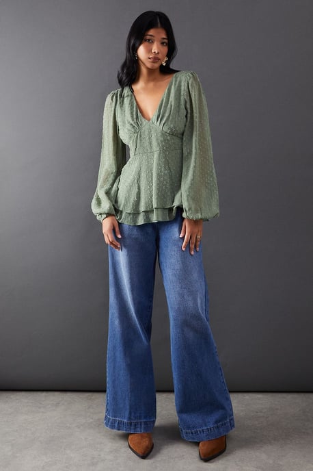 Plunge Neck Dobby Chiffon Double Layer Blouse