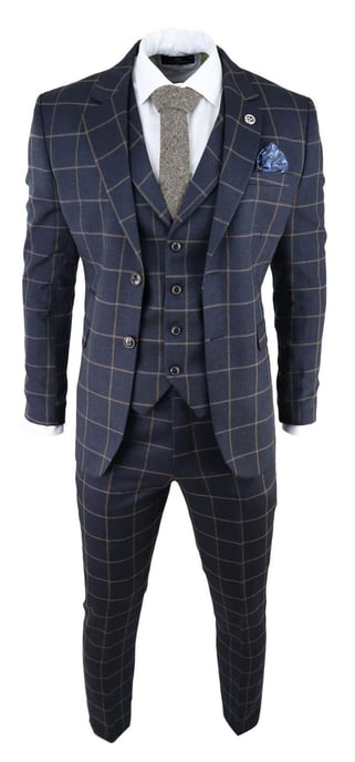 Mens Navy Blue Check 3 Piece Tweed Suit Peaky Blinders 1920s Gatsby Tailored Fit - Image 2