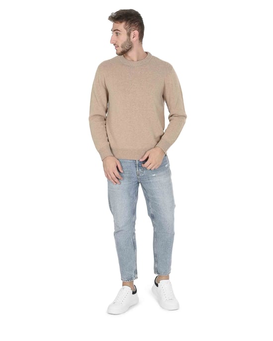 Crown Of Edinburgh Cashmere Mens Round Neck Sweater Coe 009 Beige - Image 1