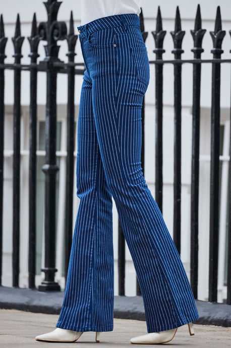 Navy Blue & White Pinstripe Kick Flare Jeans