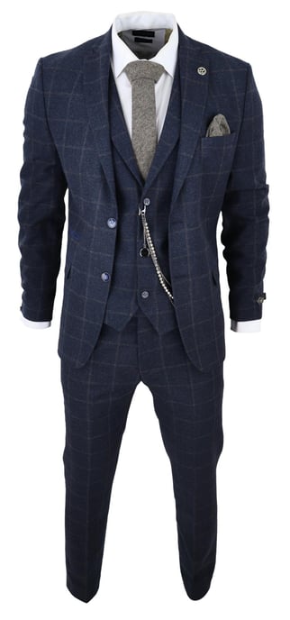Mens 3 Piece Wool Suit Navy Blue Tweed Check Peaky Blinders 1920 Gatsby Formal - Image 2