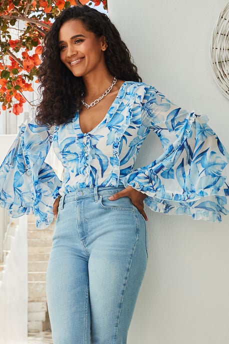 Blue Floral Print Ruffle Detail Blouse