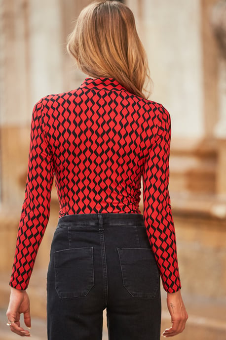 Red & Black Geometric Print Tie Neck Faux Wrap Top