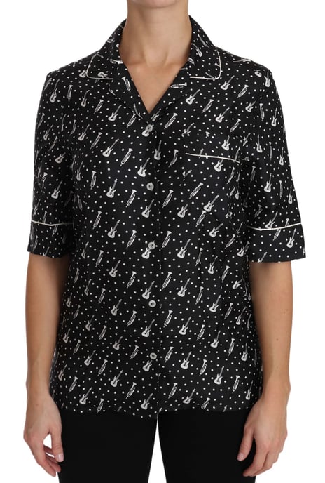 Dolce & Gabbana Women's Black Guitar & Trumpet Print Silk Shirt Top - Image 1